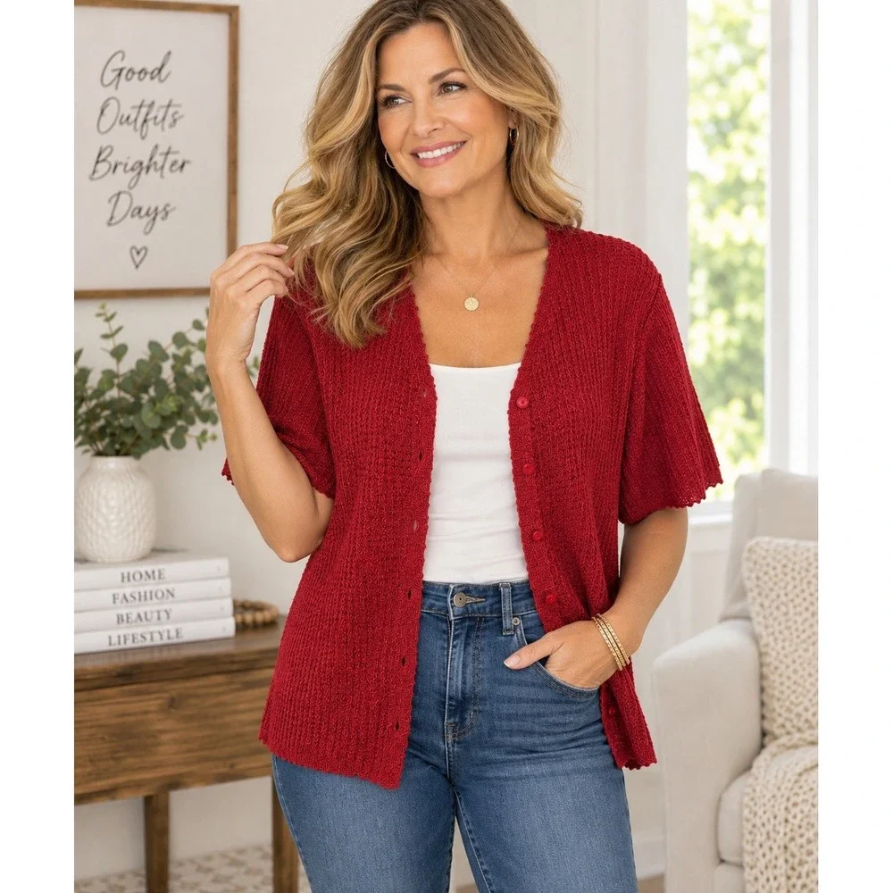 Sag Harbor XL Silk Rayon Cardigan Red Short Sleeve Button Front Knit Sweater